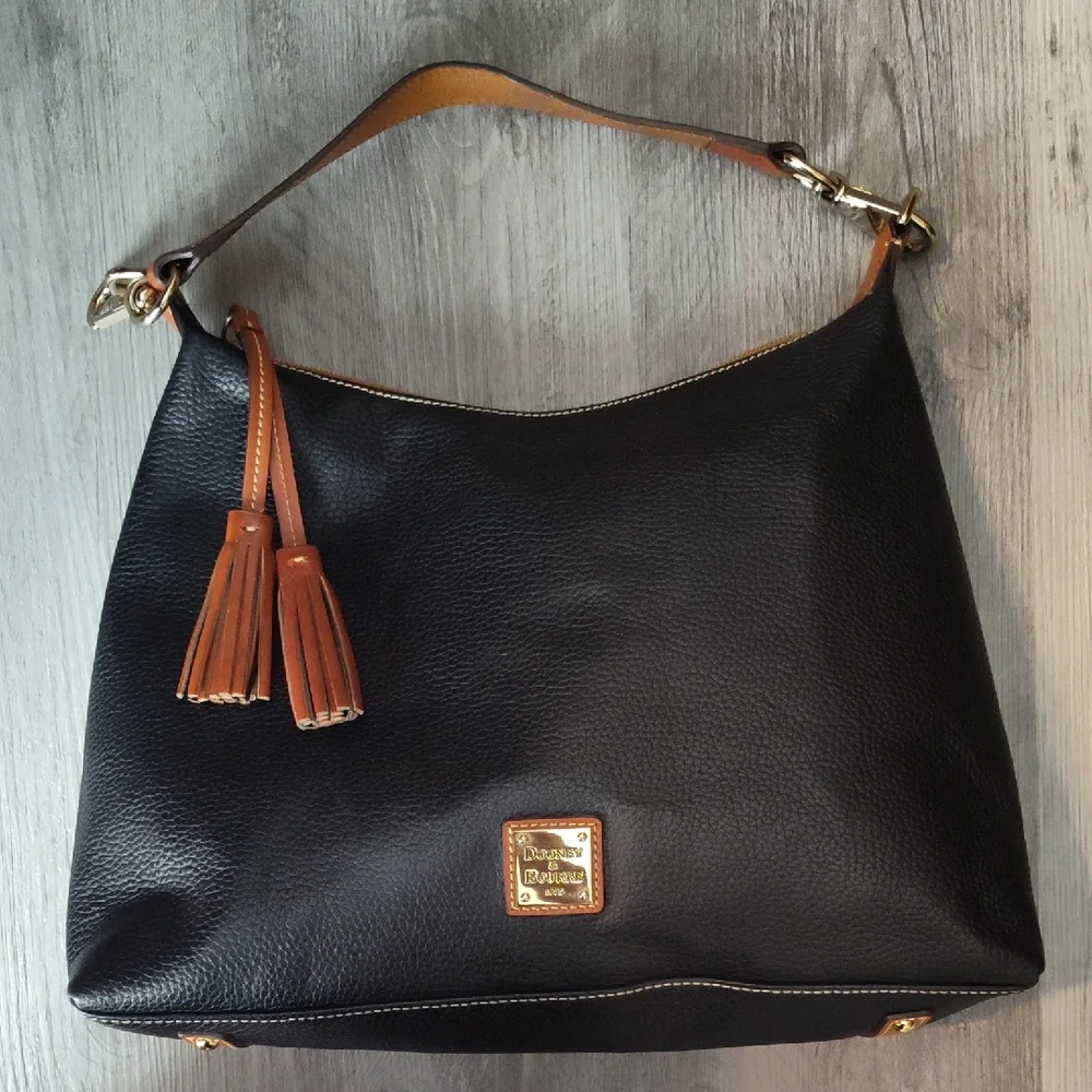 Dooney & Bourke Black and Brown Leather Hobo Bag with Tassels